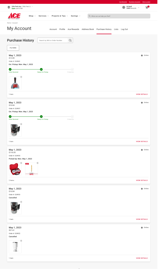 Purchase History Screen Shot